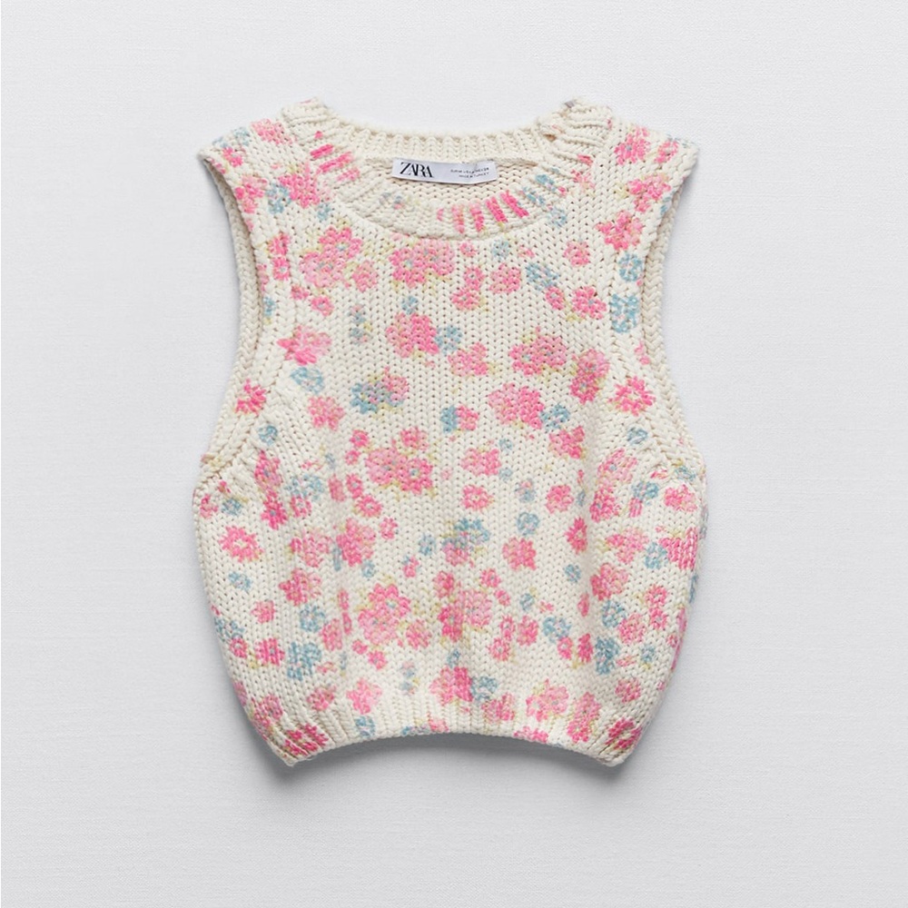 Zara  Floral Knit top cami summer  - Pink and Cream blue white